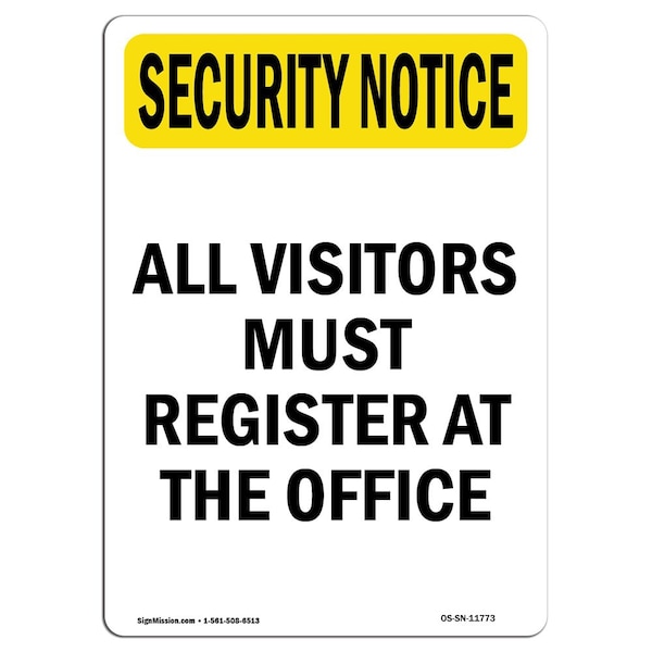 OSHA Security Sign, 5" Height, Visitors Must Register At Office, Portrait, 10PK